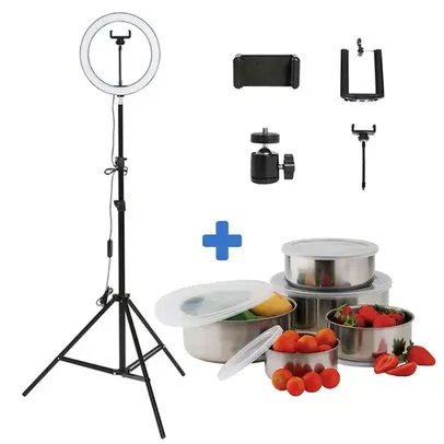 Jogo De Potes Inox Com Tampa 5 Pecas + Ring Light Com Tripe