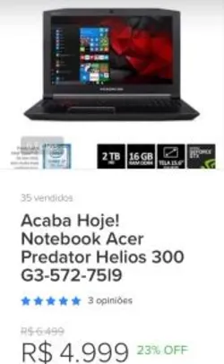 Acaba Hoje! Notebook Acer Predator Helios 300 G3-572-75l9 - R$4999