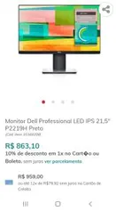 Monitor Dell Professional LED IPS 21,5" P2219H Preto | R$863