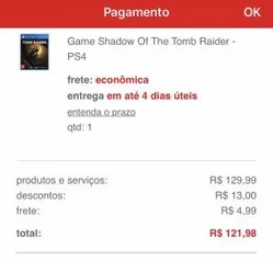 Game - Shadow Of The Tomb Raider - PS4 por R$ 117