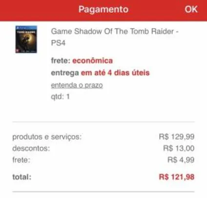 Game - Shadow Of The Tomb Raider - PS4 por R$ 117