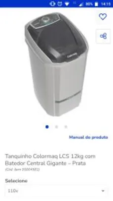 Tanquinho Colormaq LCS 12kg com Batedor Central Gigante – Prata | R$ 403
