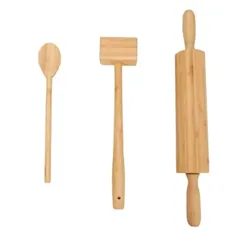 (AME SC 9,89) Kit Colher + Rolo de Massa + Batedor de Carne - La Cuisine Linha Bambu