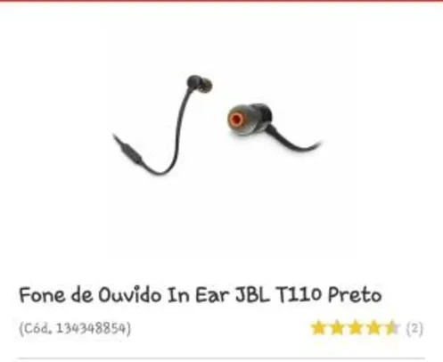 [Primeira Compra] Fone de Ouvido In Ear JBL T110 Preto | R$20