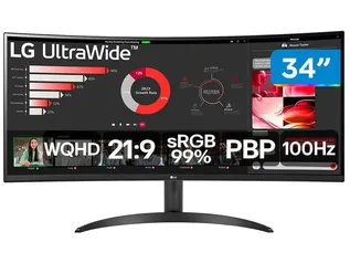 [R$ 1456,45 MOEDAS/ Magalu] Monitor 100Hz WQHD Curvo UltraWide 5ms LG 34WR50QC-B 34"