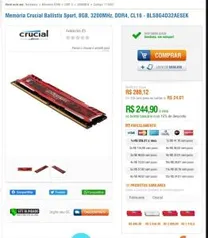 Memória Crucial Ballistix Sport, 8GB, 3200MHz, DDR4 | R$245