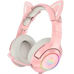 Fone de Ouvido Rosa Orelha de Gato Removível com Microfone e Led RGB K9 ONIKUMA