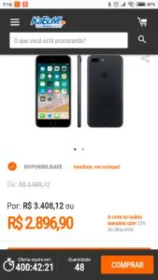 iPhone 7 Plus Preto Matte, 32GB - MNQM2  - R$ 2897
