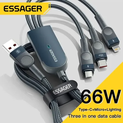 [Moedas] Cabo Essager 3 em 1 de 66W com Carregamento rápido - USB C + Micro USB + Lightning - Para Android e iPhone