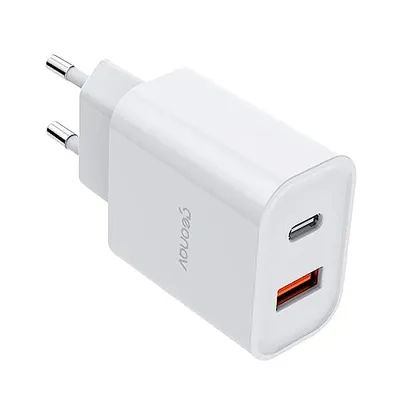 Carregador Universal Geonav Ultra Rápido Duo, 1 X USB-C Power Delivery 20W, 1 X USB Quick Charge 18W, CH20PDQC, Branco