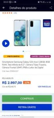 Smartphone Samsung Galaxy S20 Azul 128GB, 8GB RAM, Tela Infinita de 6.2" - R$2997