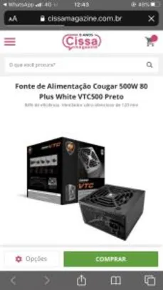 Fonte de Alimentação Cougar 500W 80 Plus White VTC500 Preto | R$280