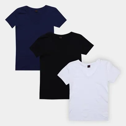 Saindo por R$ 42: Kit Camiseta Básicos Gola V Lisa C/ 3 Peças Feminina - Marinho+Branco | R$42 | Pelando