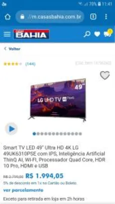 Smart TV LED 49" Ultra HD 4K LG 49UK6310PSE com IPS por R$ 1994