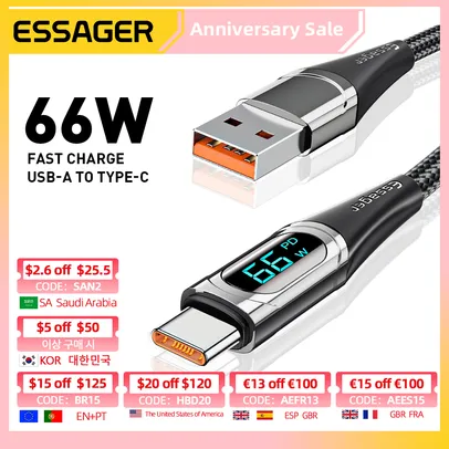 [C. Nova R$5.5] Cabo Essager de carregamento rápido usb c cabo - 1 metro, 66W com display 