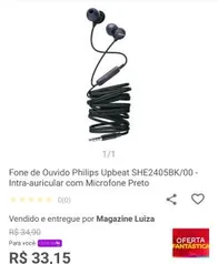 Fone de Ouvido Philips Upbeat SHE2405BK/00 - Intra-auricular com Microfone Preto R$ 33