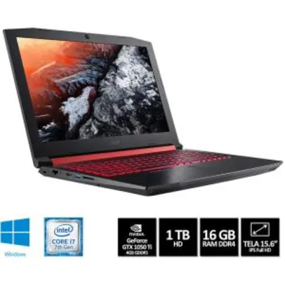 Notebook Gamer Acer Aspire Nitro AN515-51-75KZ Intel Core i7-7700HQ 16GB 1TB NVIDIA GeForce GTX 1050Ti Tela IPS FullHD 15,6" W1indows 10 - Preto - R$4417