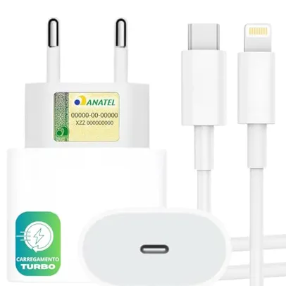 Kit Carregador Turbo Compativel C/Iphone, Cabo Usb-C-Lightning + Fonte Carregador 25W Ultra Rapido