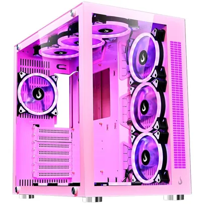 Gabinete Gamer Rise Mode Galaxy Glass Sound, Mid Tower, RGB, LED, Lateral e Frontal em Vidro Temperado, Sem Fans, Rosa - RM-GA-GGS-PK