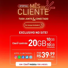 Claro controle 20GB, apps ilimitados por R$ 39,99 por mês