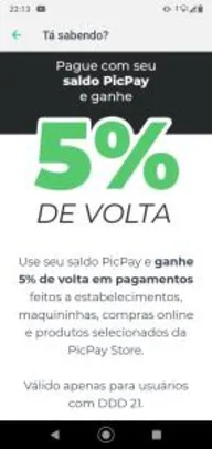 (SOMENTE RJ) 5% de volta para pagamentos PicPay