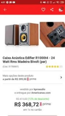 [AME R$264] Caixa Acústica Edifier R1000t4 - 24 Watt Rms Madeira Bivolt (par) R$313