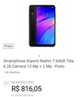 Smartphone Xiaomi Redmi 7 64GB Tela 6.26 Câmera 12 Mp + 2 Mp - Preto | R$816