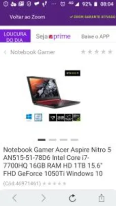 Notebook Acer AN515-51-78D6 Intel Core i7 7700HQ 15,6" 16GB HD 1 TB GeForce GTX 1050 Ti Windows 10 | R$4.334