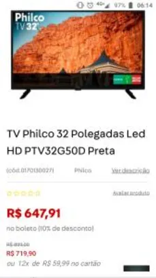 TV Philco 32 Polegadas Led HD PTV32G50D Preta R$ 648