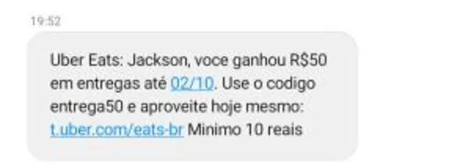 [usuários selecionados] R$50OFF em entregas no UberEats