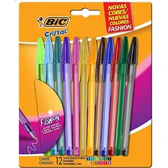 Caneta Esferográfica BIC Cristal Fashion, 12 Cores Vibrantes, Ponta Média de 1.2mm, 970910, Blister 1 Unidade