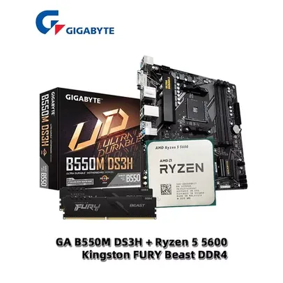 Processador AMD Ryzen 5 R5 5600 CPU + GIGABYTE GA B550M DS3H Motherboard + 8x2  Kingston FURY Beast