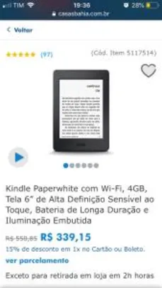 Kindle Paperwhite com Wi-Fi, 4GB, Tela 6” Iluminação Embutida - R$339