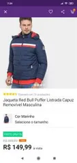 Jaqueta Red Bull Puffer Listrada Capuz Removível Masculina - Marinho