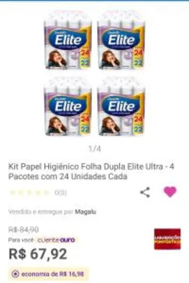 [Cliente Ouro] Kit Papel Higiênico Folha Dupla Elite Ultra - 4 Pacotes com 24 Unidades Cada R$68