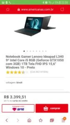 Notebook Gamer Lenovo Ideapad L340 9ª Intel Core i5 8GB (Geforce GTX1050 com 3GB) 1TB Tela FHD IPS 15,6" Windows 10 - Preto