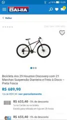 Bicicleta Aro 29 Houston Discovery com 21 Marchas Suspensão Dianteira e Freio à Disco – Preta Fosca - R$655