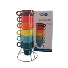 Jogo 6 Xícaras Cerâmica Caneca Café Expresso Coloridas Com Suporte 50ml