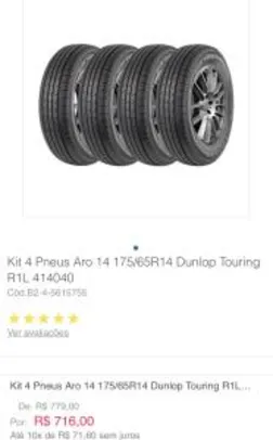 Kit 4 Pneus Aro 14 175/65R14 Dunlop Touring R1L 414040 por R$ 716