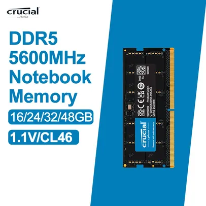 [ APP | Taxa Inclusa | MOEDAS R$ 252 ] Memória Ram DDR5 Notebook Crucial 16GB 5600Mhz 