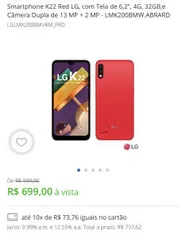 Smartphone K22 Red LG, com Tela de 6,2", 4G, 32GB,e Câmera Dupla de 13 MP + 2 MP - R$699