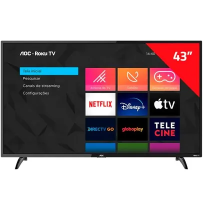 Smart TV LED 43” Full HD AOC Roku 43S5195/78 Wi-fi Controle Remoto com Atalhos Roku Mobile Miracast Entradas HDMI e USB