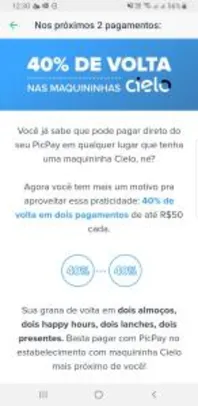 40% de cash back com PicPay em compras maquininha cielo