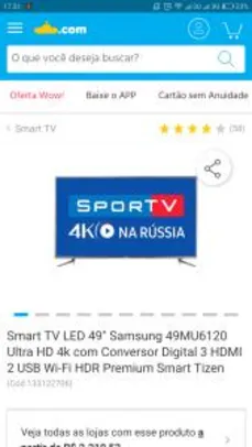 Smart TV LED 49" Samsung 49MU6120 Ultra HD 4k com Conversor Digital 3 HDMI 2 USB Wi-Fi HDR Premium Smart Tizen por R$ 1881