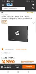 R$399,90 -SSD HP S700 Series, 500GB, SATA, Leituras: 560Mb/s e Gravações: 515Mb/s - 2DP99AA#ABL