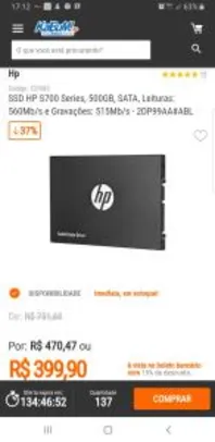 R$399,90 -SSD HP S700 Series, 500GB, SATA, Leituras: 560Mb/s e Gravações: 515Mb/s - 2DP99AA#ABL