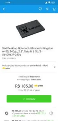 Ssd Desktop Notebook Ultrabook Kingston A400, 240gb, 2.5", Sata Iii 6 Gb/S - Sa400s37-240g - R$148