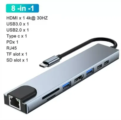 Hub Usb C 8 em 1 com HDMI 4K ,(RJ 45)