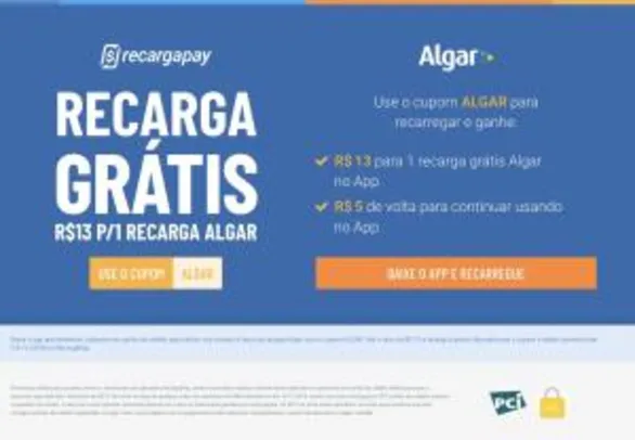 R$13 OFF para recarregar o celular Algar no RecargaPay