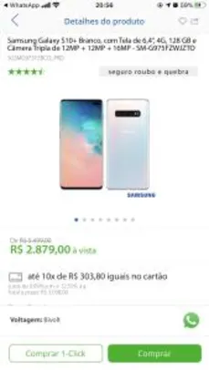 Galaxy S10+ Branco, com Tela de 6,4”, 4G, 128 GB e Câmera Tripla de 12MP + 12MP + 16MP - SM-G975FZWJZTO